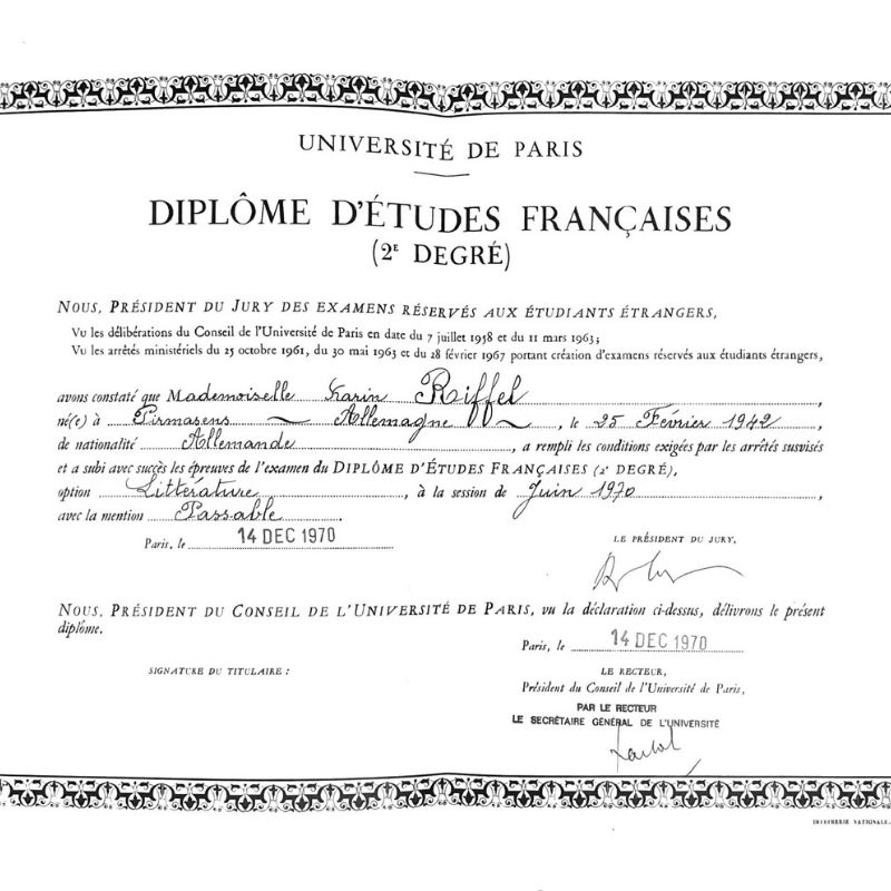 Ansicht des Diplome d'etudes Francaises aus dem Jahr 1970 © privat